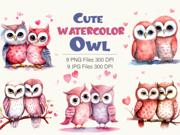 Cute owls for valentines day. watercolor. t shirt vector file