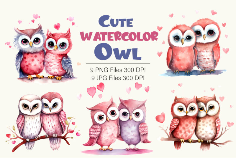 Cute Owls for Valentines Day. Watercolor.