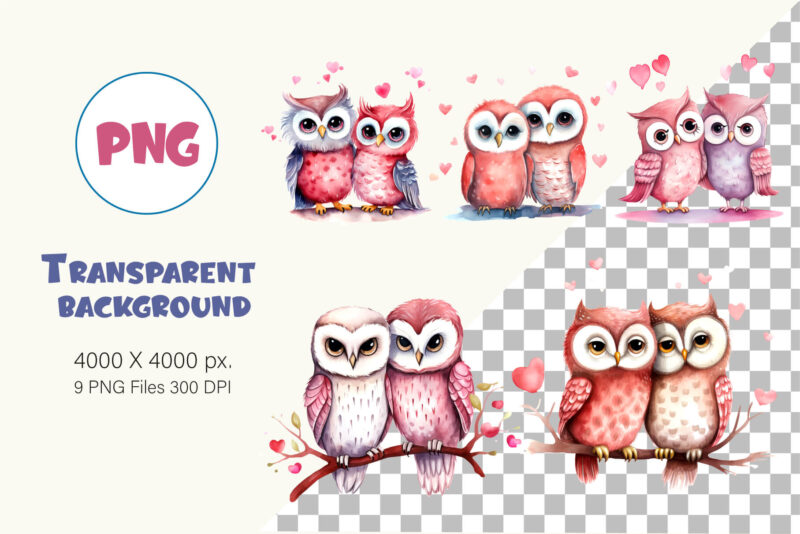 Cute Owls for Valentines Day. Watercolor.