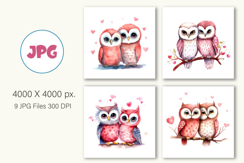 Cute Owls for Valentines Day. Watercolor.