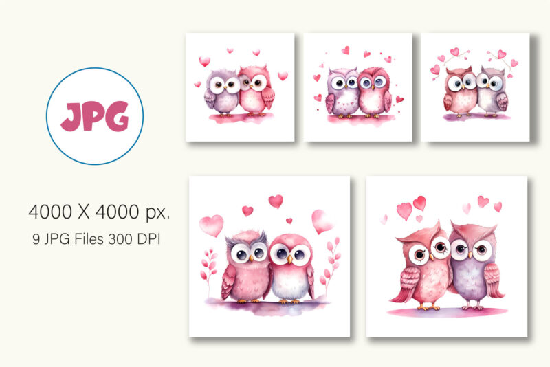 Cute Owls for Valentines Day. Watercolor.