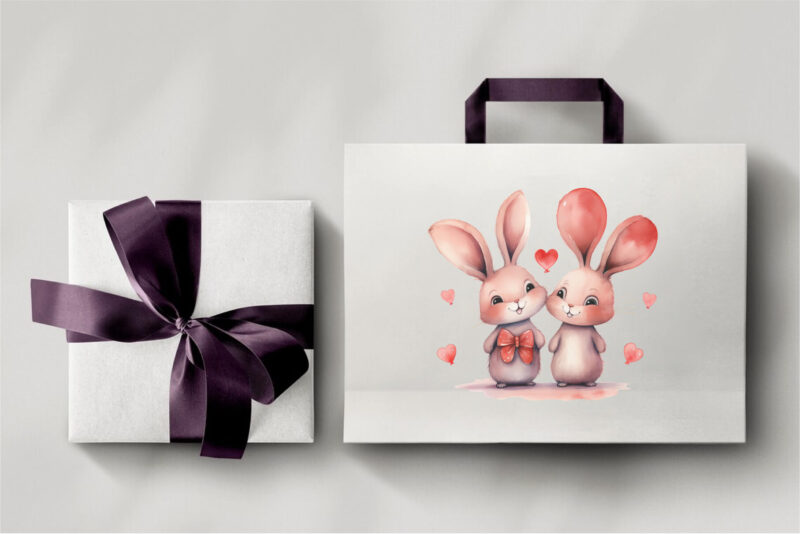 Cute Rabbits for Valentines Day. Watercolor.