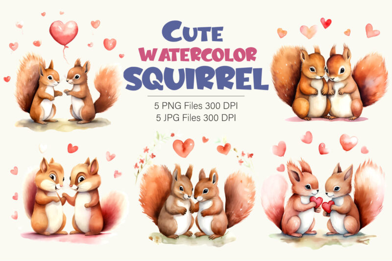 Cute Squirrels for Valentines Day. Watercolor.