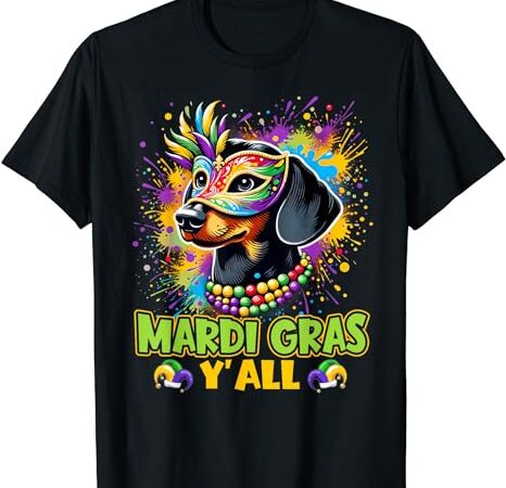 Dachshund dog mardi gras y’all with beads mask colorful t-shirt