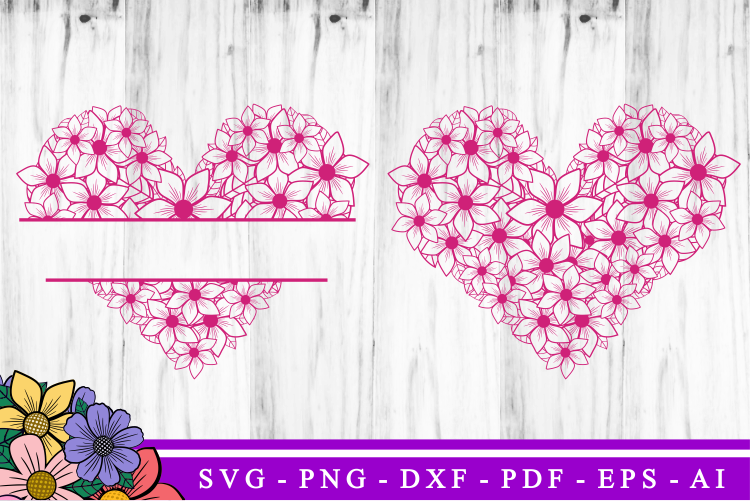 Flowers Heart Split Monogram Shape SVG, valentines day t shirt design PNG, Love Quotes