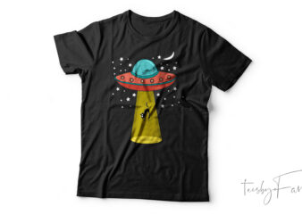 Funny Cat And UFO T-Shirt Design For Sale
