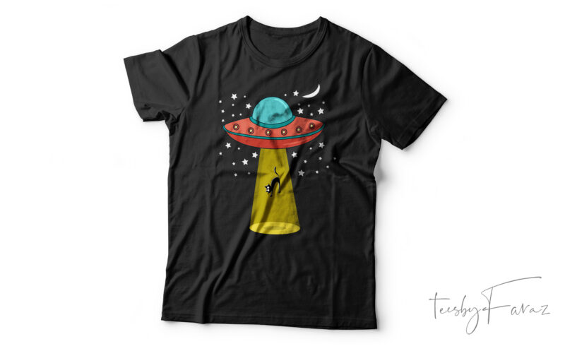 Funny Cat And UFO T-Shirt Design For Sale