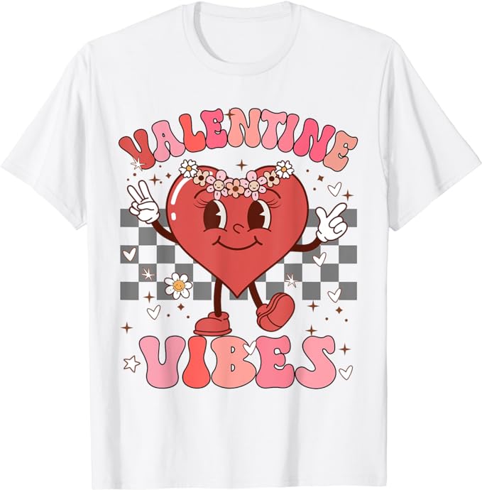 Groovy Checkered Valentine Vibes Valentines Day Girls Womens T-Shirt