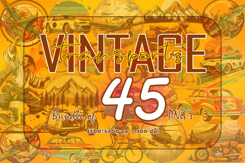 Vintage Transport 45 PNG Illustration in Groovy Style Clipart as Evergreen Niches on POD