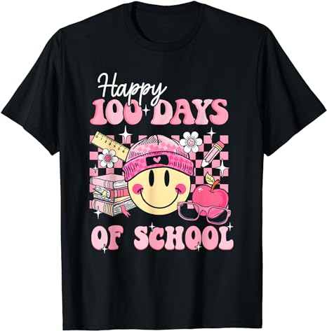 Happy 100 Days Of School Teacher Kids Retro Groovy 100th Day T-Shirt