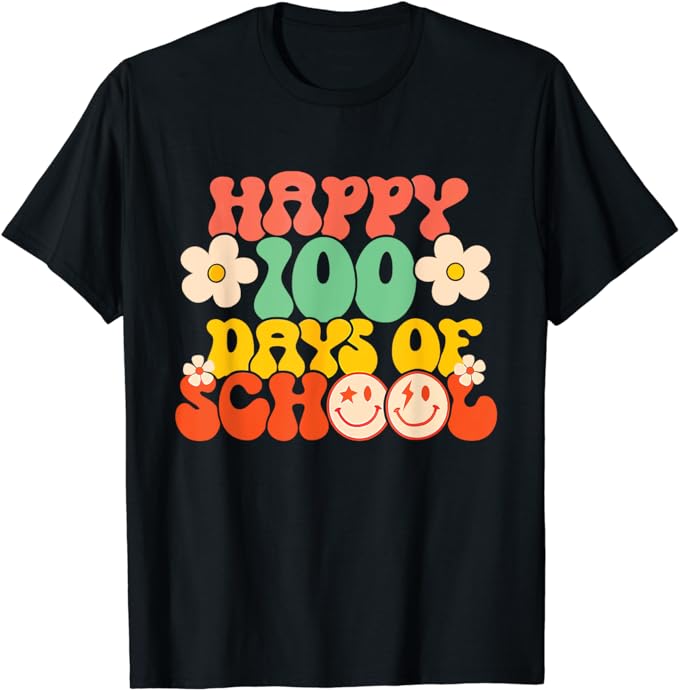 Happy 100th Day Of School Teacher Kids Retro Groovy 100 Days T-Shirt ...