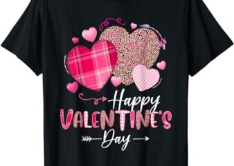 Happy Valentines Day Leopard And Plaid Hearts Girls Women T-Shirt
