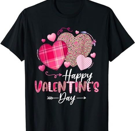 Happy valentines day leopard and plaid hearts girls women t-shirt