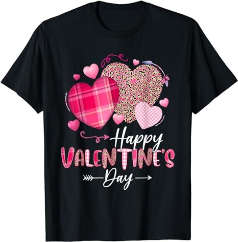 Happy Valentines Day Leopard And Plaid Hearts Girls Women T-Shirt