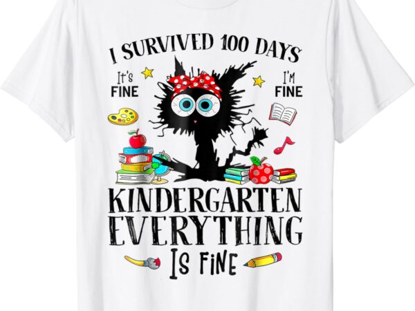 I survived 100 days of kindergarten teacher & kids funny cat t-shirt