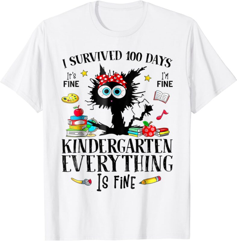 I Survived 100 Days Of Kindergarten Teacher & Kids Funny Cat T-Shirt