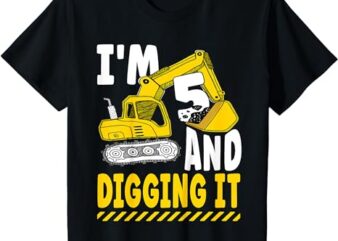 Kids Funny Five 5yr 5th Birthday Excavator Boy 5 Years Old T-Shirt