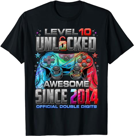 Level 10 Unlocked Awesome Since 2014 10th Birthday Gaming T-Shirt