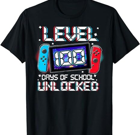 Level 100 days of school unlocked gamer video games boys t-shirt