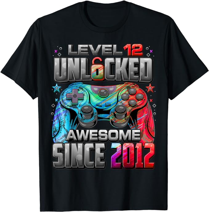 Level 12 Unlocked Awesome Since 2012 12th Birthday Gaming T-Shirt