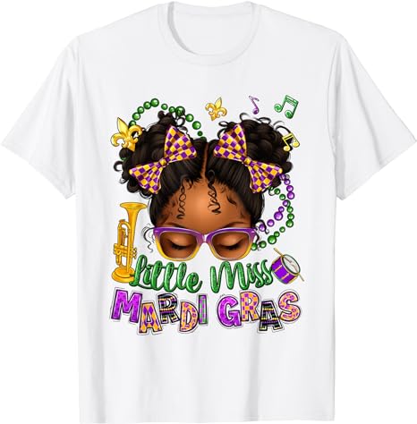 Little Miss Mardi Gras Afro Messy Bun Girls Kids New Orleans T-Shirt