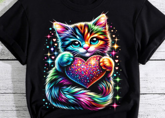 Rainbow Cute Cat Hugging Heart Kitty Love Cat T-Shirt PNG File