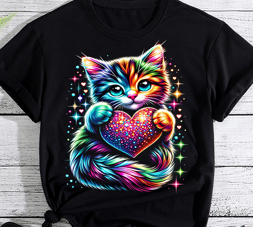Rainbow cute cat hugging heart kitty love cat t-shirt png file