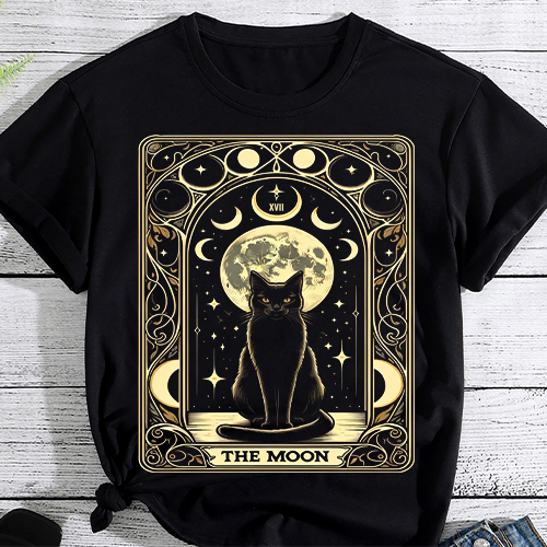 Tarot Card Crescent Moon And Cat Graphic T-Shirt