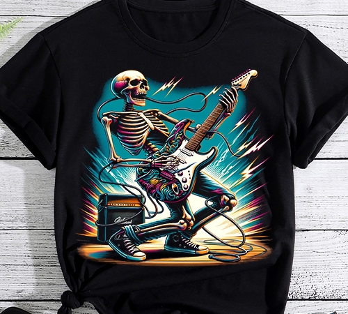 Skeleton playing guitar – rock and roll graphic band tees t-shirt