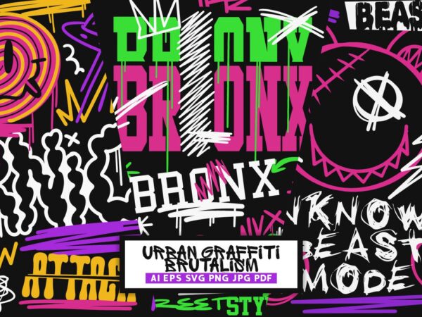 Graffiti t shirt designs vector bundle, brutalism graphic t-shirt set, trendy urban streetwear design for sale, stylish graphic tshirt