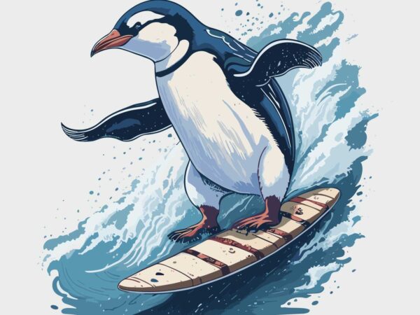 Penguin on surfing t shirt illustration