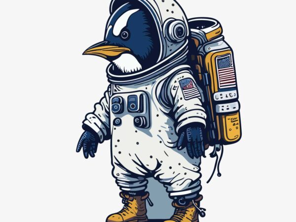 Penguin wearing astronot t shirt illustration