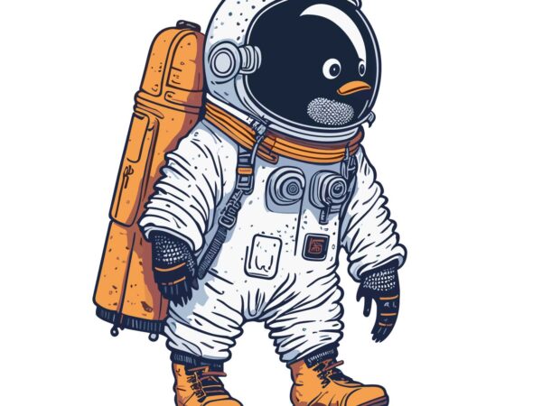 Penguin wearing astronot t shirt illustration