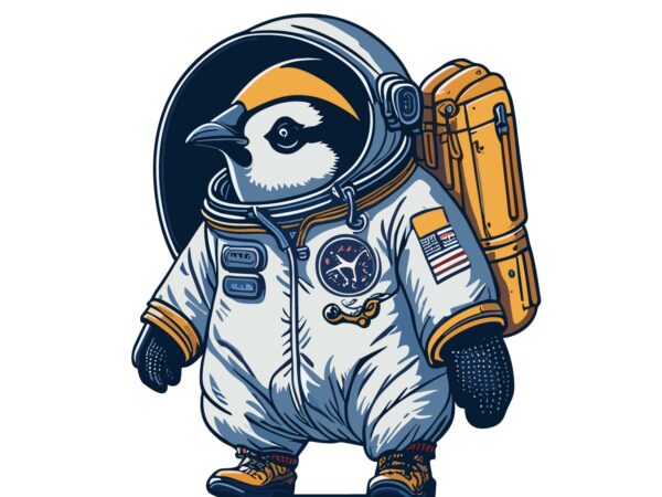 Penguin wearing astronot t shirt illustration