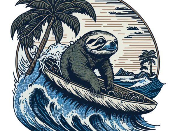 Sloth on beach surf t shirt template vector