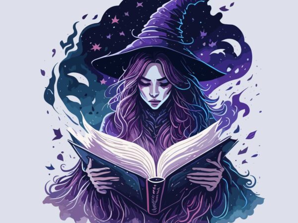 Witch with her magic book t shirt design for sale