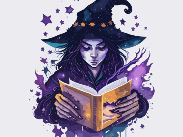 Witch with her magic book t shirt design for sale