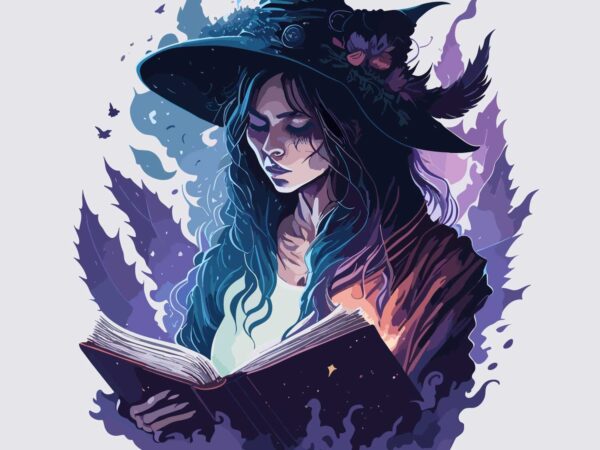 Witch with her magic book t shirt design for sale