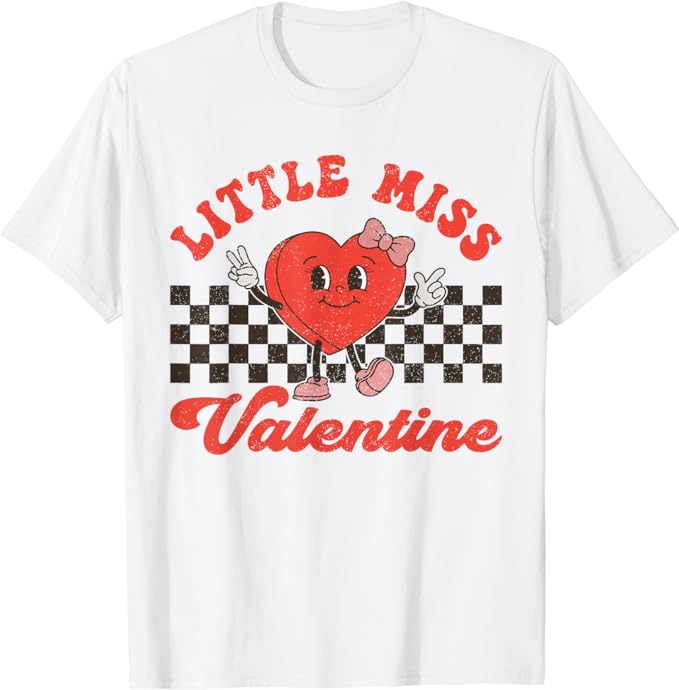 Retro Groovy Little Miss Valentine For Girls Kids Love Vibes T-Shirt