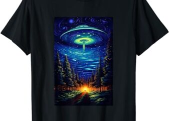 UFO Aliens Flying Saucer – Van Gogh Style – Starry Night T-Shirt