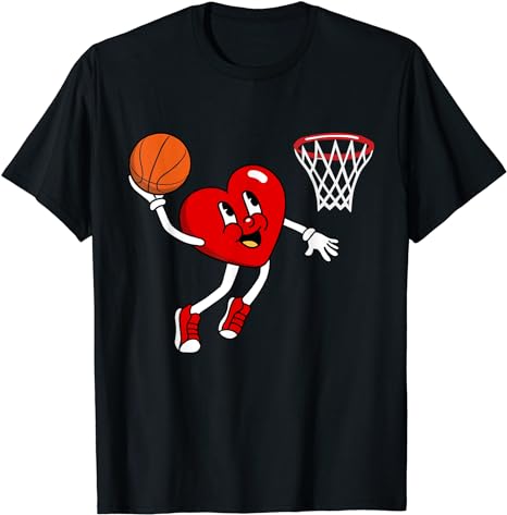 Valentines Day Heart Dunking Basketball For Boys Girls Kids T-Shirt