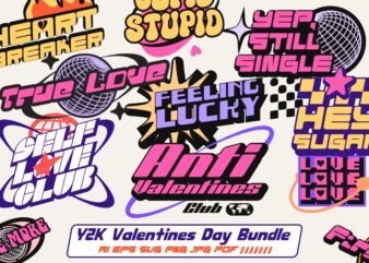 Y2K Valentines Day T shirt Designs Bundle, Retro 2000s Graphic T-shirt Vector Set, Y2k T shirt Designs for Print. Universtock