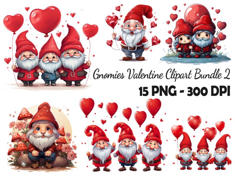 Valentine Gnomies Bundle Love With Heart Ballon Chibi Gnome 15 PNG 300 DPI AI