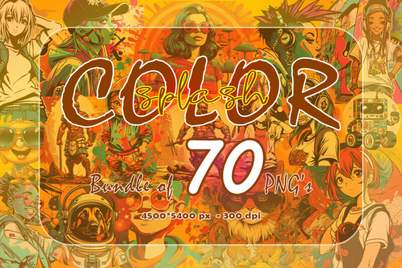 Vintage Color Splash Illustration 70 PNG Clipart Bundle