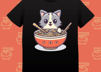 cute cat, eating ramen bowl, cat graphic, t-shirt design, illustration, instant download