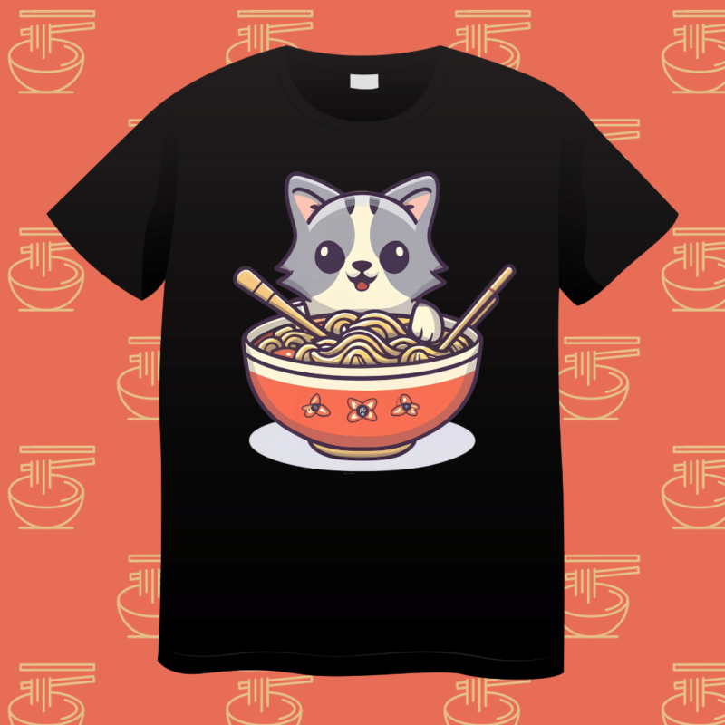 cute cat, eating ramen bowl, cat graphic, t-shirt design, illustration, instant download
