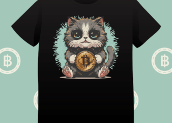 cute cat holding bitcoin, graphic, t-shirt design, crypto, t-shirt, cat t-shirt, instant download, unique cat illustration