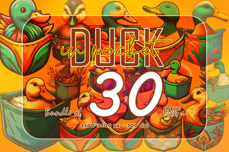 30 Duck in Pocket Illustration Clipart Bundle