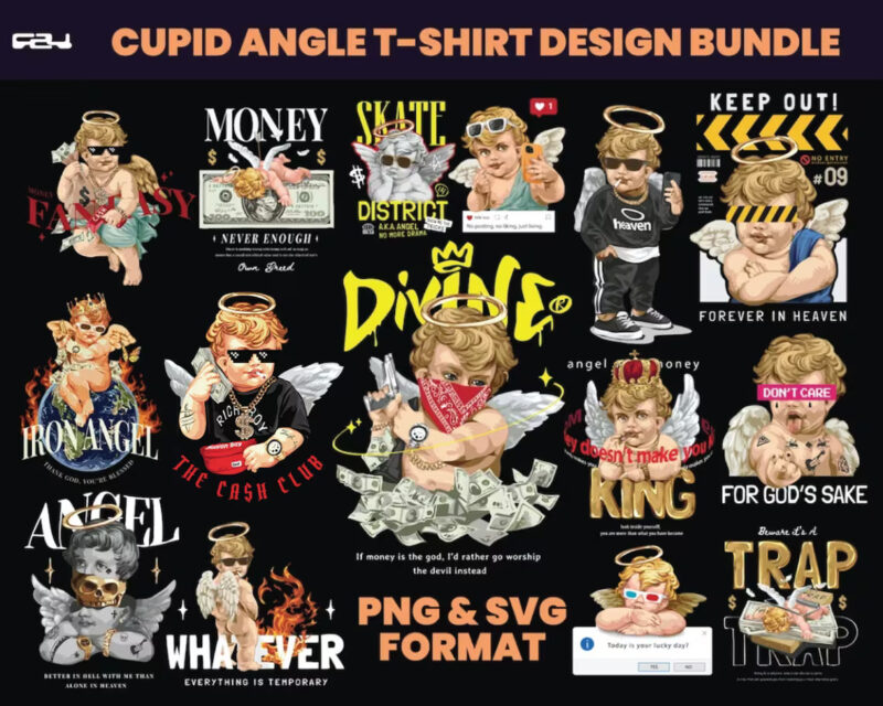 60 Angel Cherub T-shirt design bundle, streetwear design bundle, angel svg, angel design, urban t-shirts, hip hop, cherub urban, DTF, DTG