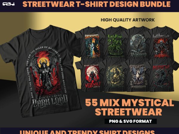 55 mix urban streetwear designs, t-shirt design bundle, streetwear designs, mythical creature design, shirt designs, tee designs, dtf, dtg